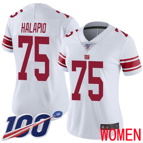 Women New York Giants 75 Jon Halapio White Vapor Untouchable Limited Player 100th Season Football NFL Jersey